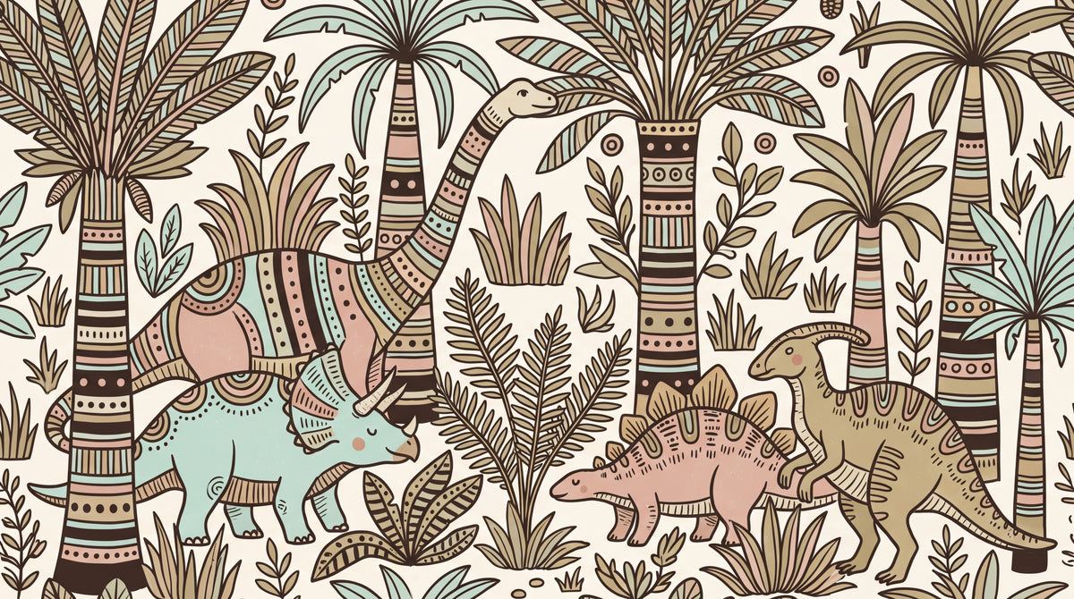 Little Explorer - Beige Dinosaur Wallpaper for Kids - Boho Jungle Nursery Palm Tree Peel and Stick Mural - Design