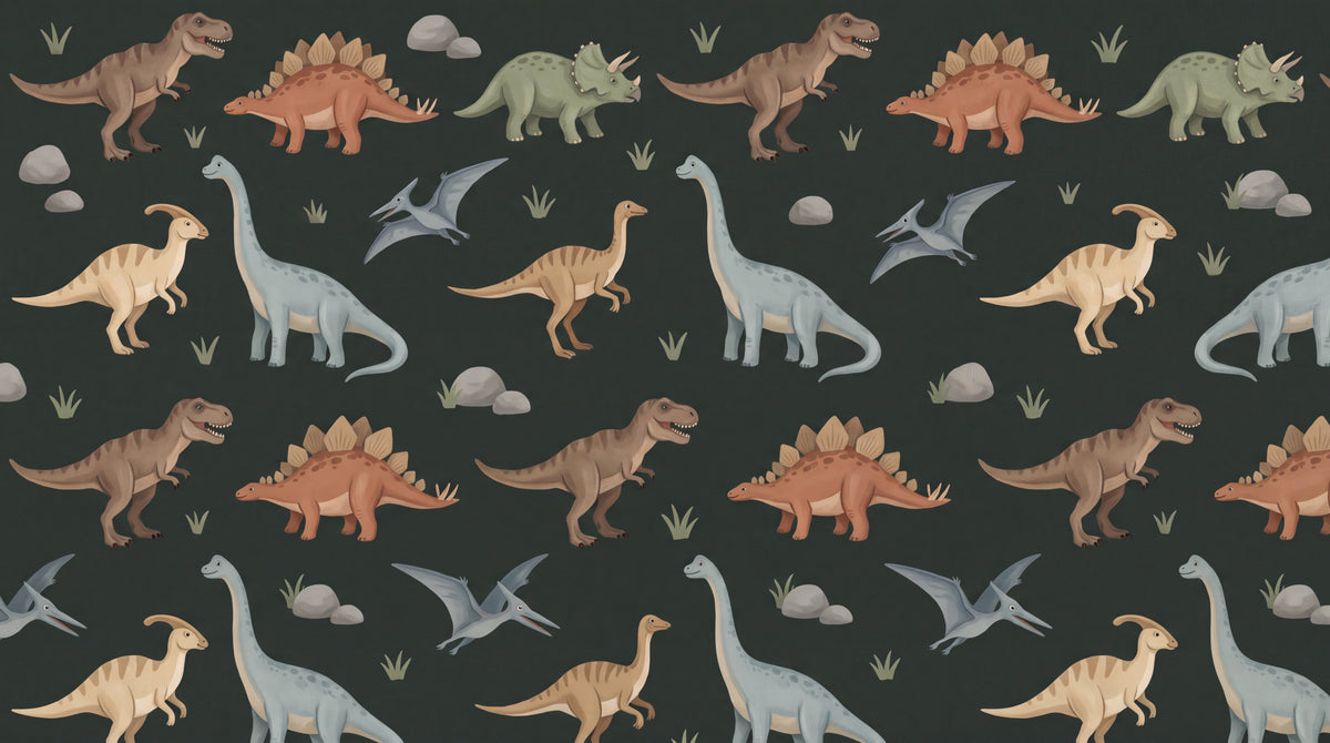 Little Explorer - Dark Dinosaur Wallpaper for Kids - Brown Nursery Peel and Stick Wall Mural - Design