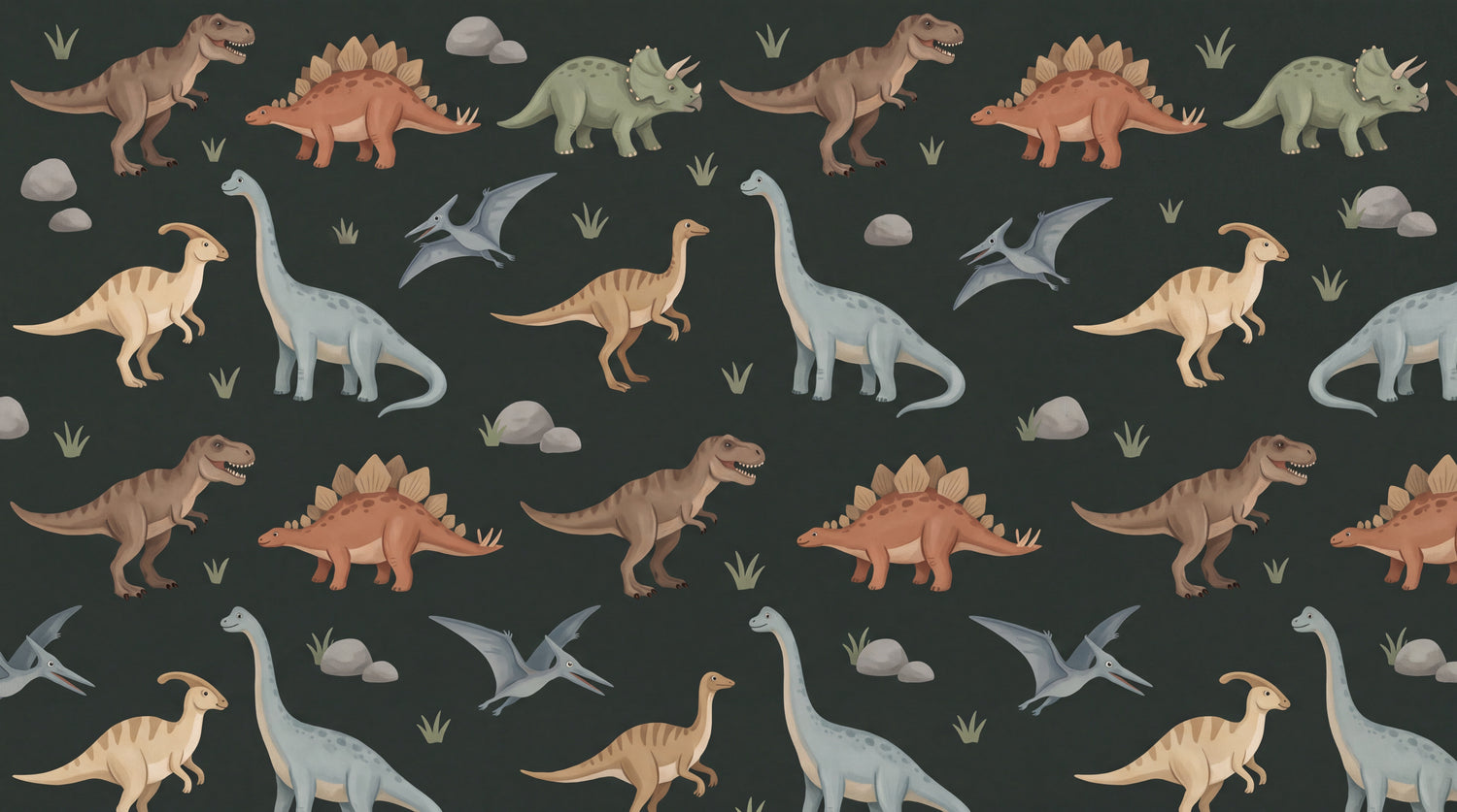Little Explorer - Dark Dinosaur Wallpaper for Kids - Brown Nursery Peel and Stick Wall Mural - Design
