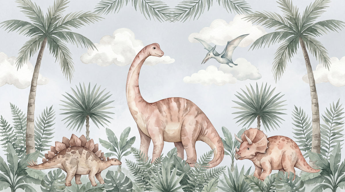 Little Explorer - Green Dinosaur Wallpaper for Kids - Pastel Nursery Jungle Palm Tree Tropical Peel and Stick Mural - Design