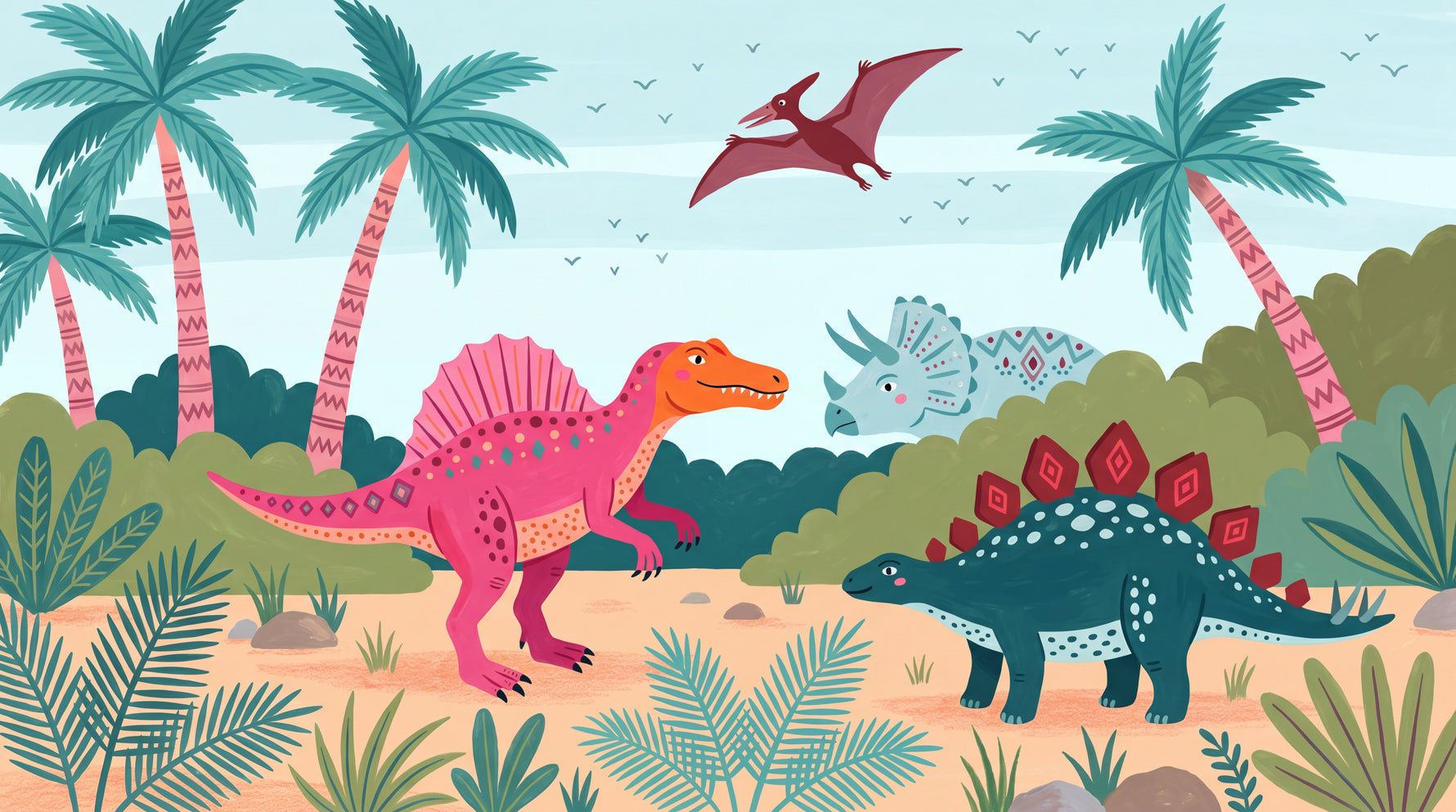 Little Explorer - Pink Dinosaur Wallpaper for Kids - Tropical Nursery Jungle Palm Tree Peel and Stick Mural - Design
