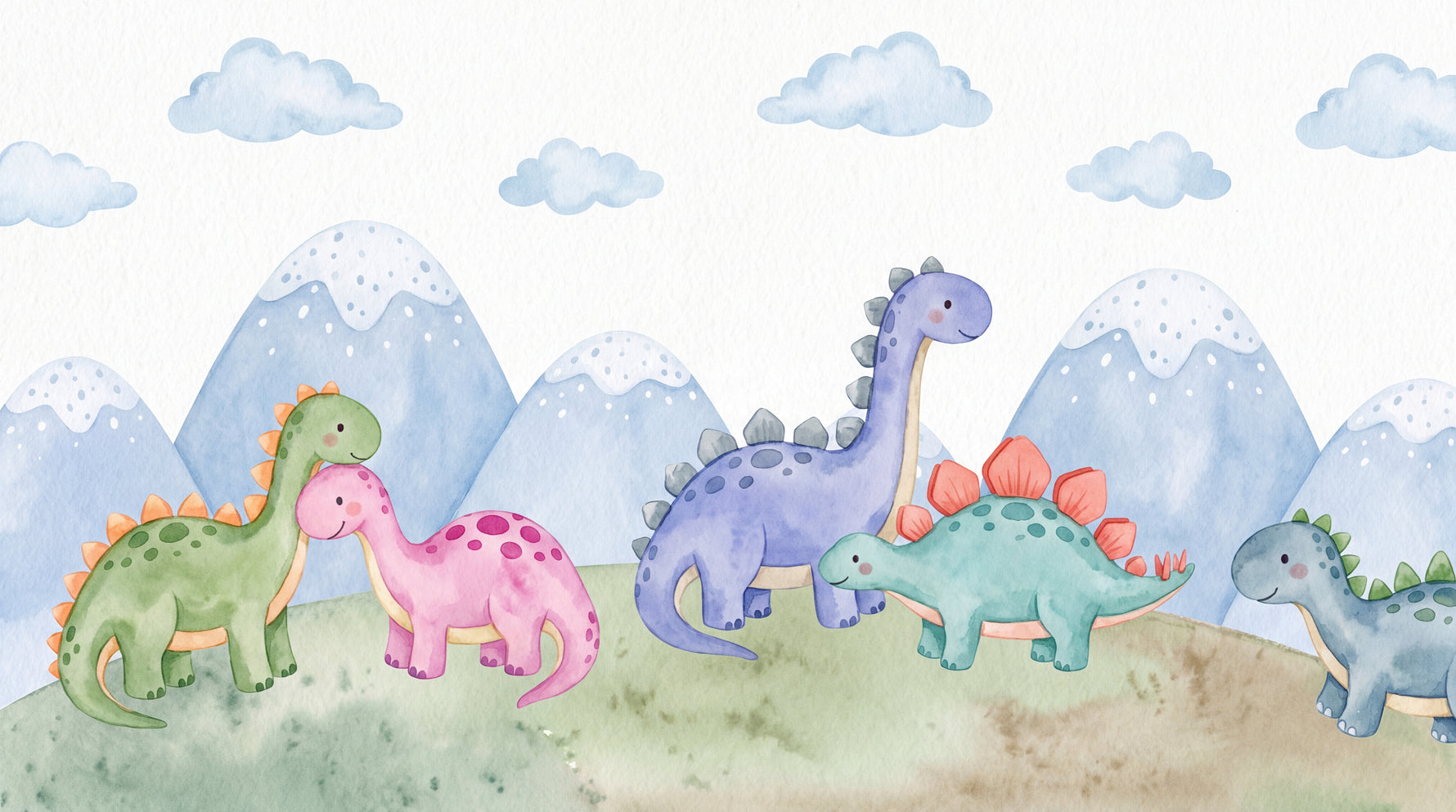 Little Explorers Pastel Dinosaur Wallpaper for Kids Nursery - Cute Pink Purple Peel and Stick Mural - Design
