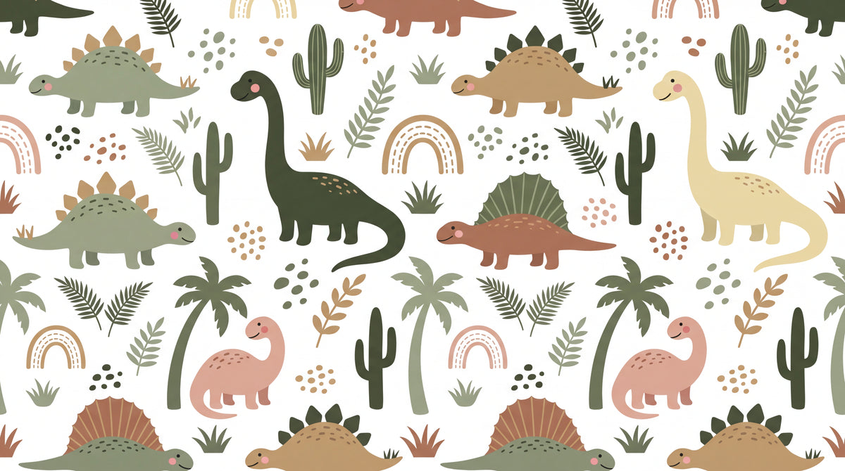 Little Roar - Green Dinosaur Wallpaper for Kids - Nursery Cactus Peel and Stick Wall Mural - Design