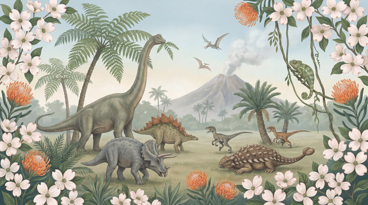 Little Roar Thicket Dinosaur Wallpaper for Kids - Green Nursery Botanical Greenery Leaf Wall Mural - Design