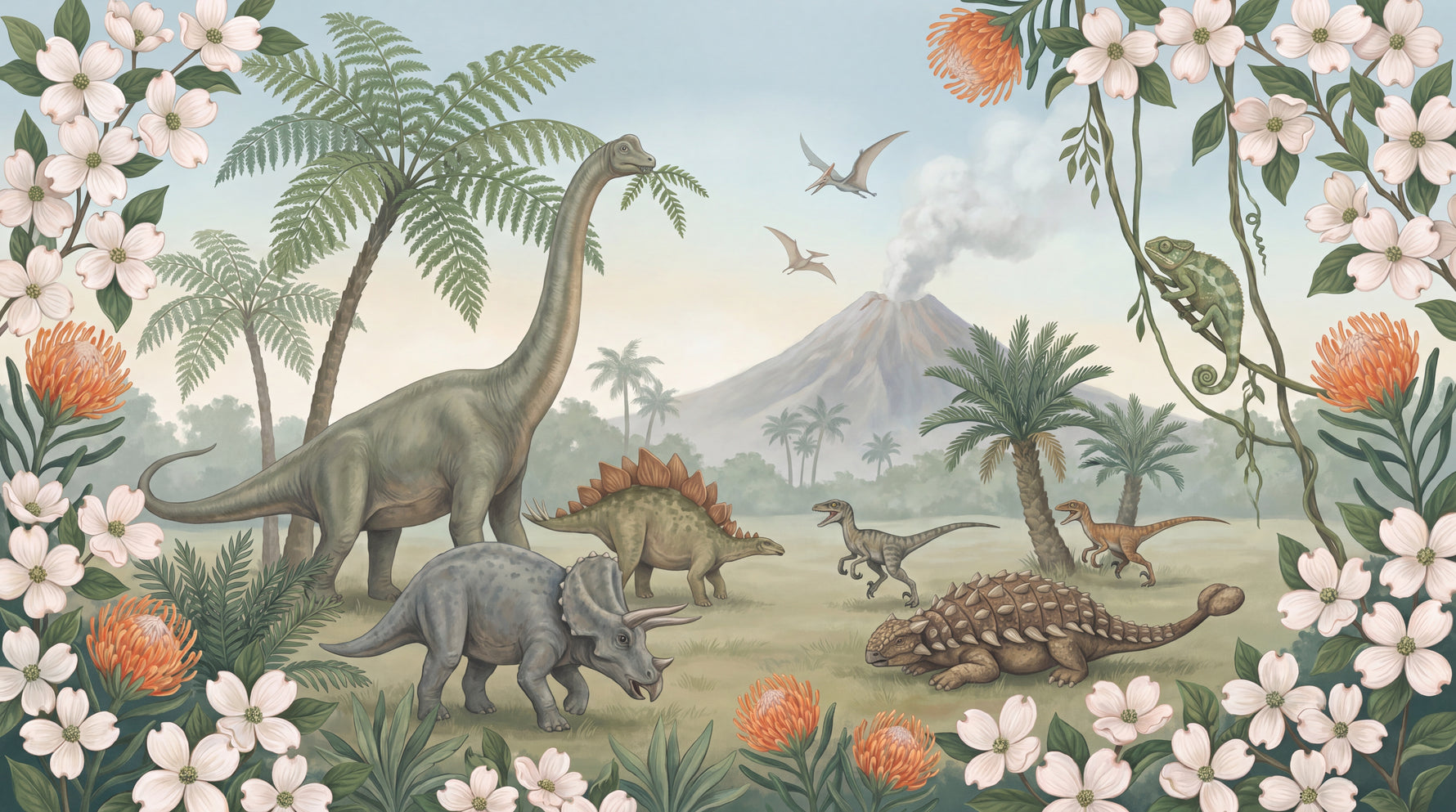 Little Roar Thicket Dinosaur Wallpaper for Kids - Green Nursery Botanical Greenery Leaf Wall Mural - Design