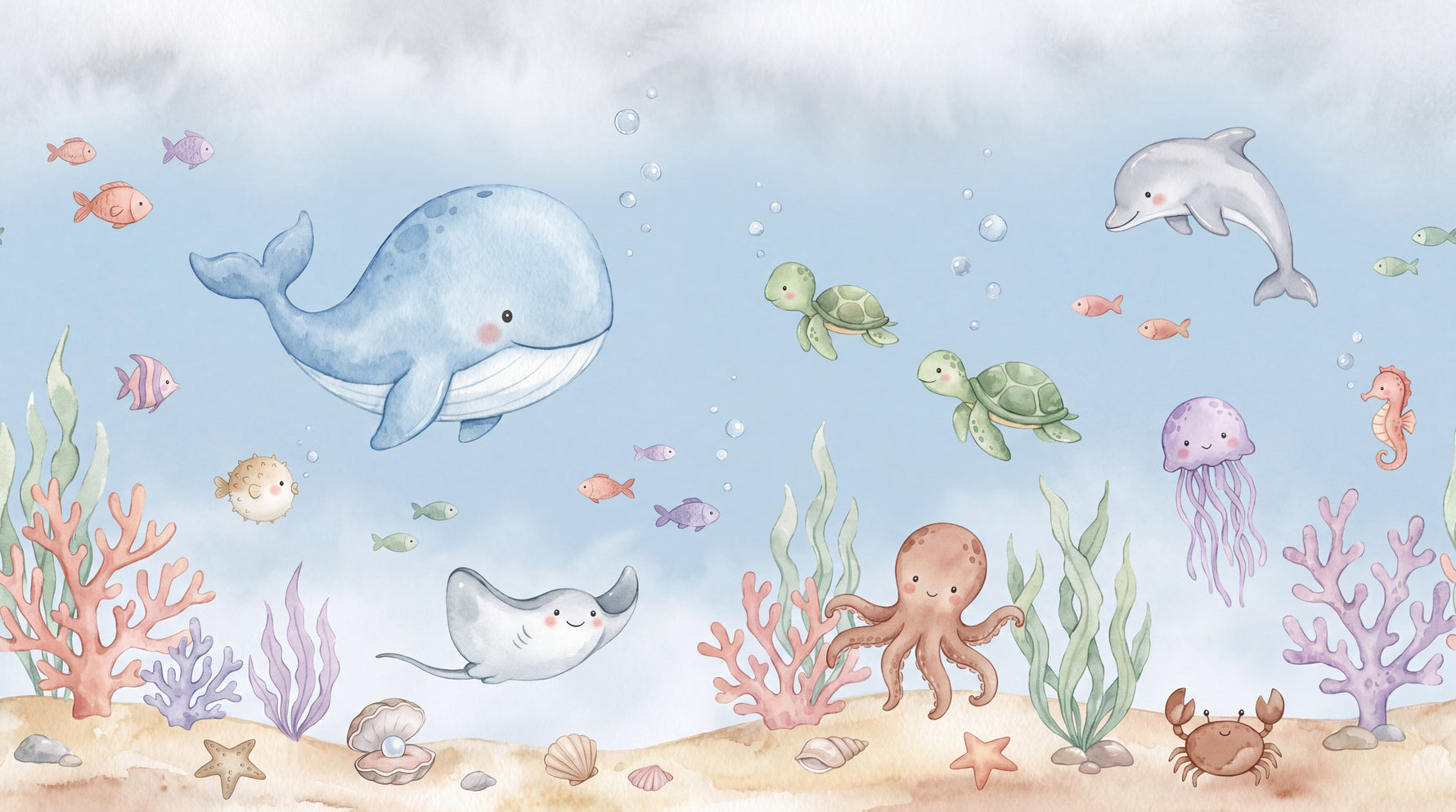 Little Tides - Blue Ocean Wallpaper for Kids Nursery, Pastel Sea Peel and Stick Wall Mural - Design