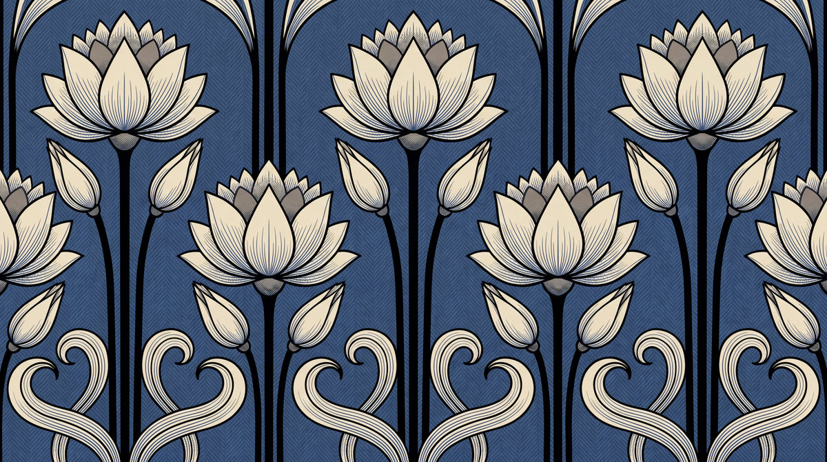 Lotus Reverie - Blue Art Deco Wallpaper - Damask Floral Vintage Botanical Flower Peel and Stick - Design
