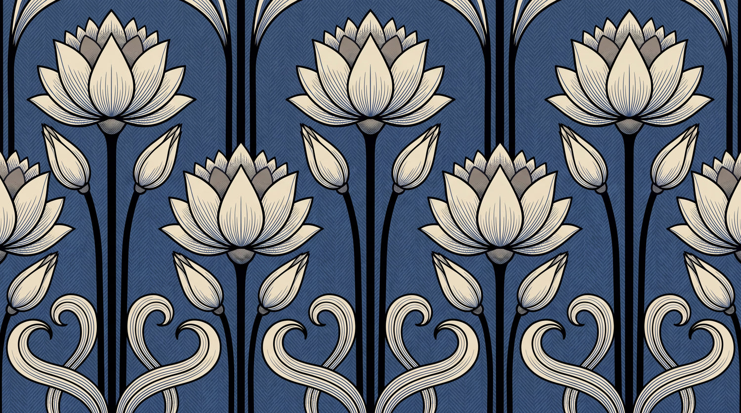 Lotus Reverie - Blue Art Deco Wallpaper - Damask Floral Vintage Botanical Flower Peel and Stick - Design