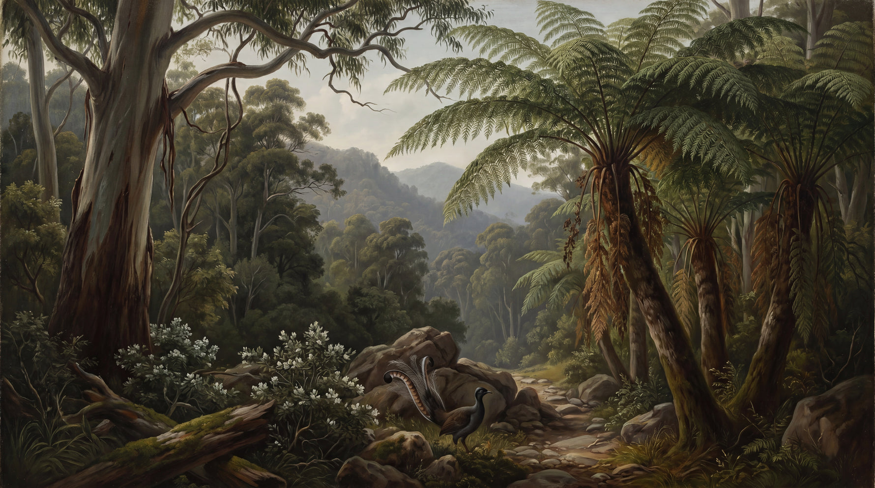 Lyrebird Hollow Pines Green Jungle Wallpaper - Botanical Greenery Tropical Leaf Wall Mural - Design