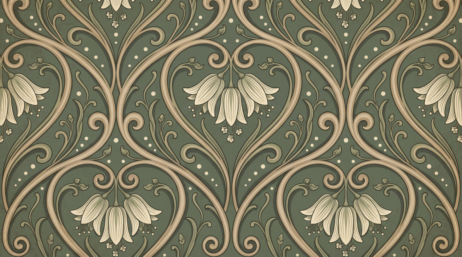 Lyrical Scrollsong Green Floral Wallpaper - Sage Green Damask Vintage Peel and Stick - Design