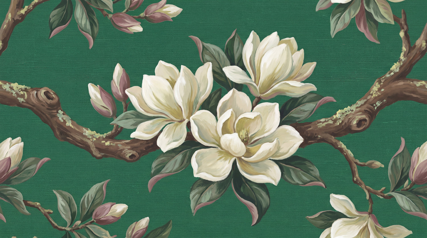 Magnolia Reverie - Green Magnolia Wallpaper - Emerald Green Floral Vintage Flower Peel and Stick - Design