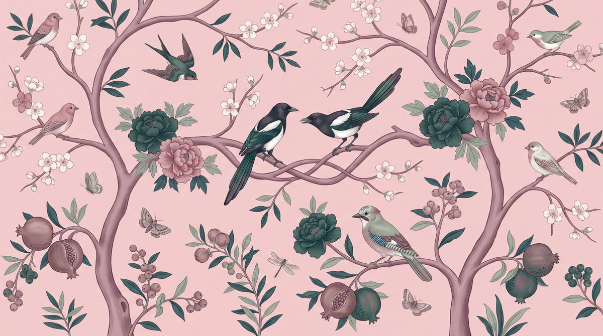 Magpie Confit - Pink Chinoiserie Wallpaper - Pink Flower Cherry Blossom Vintage Floral Peel and Stick - Design