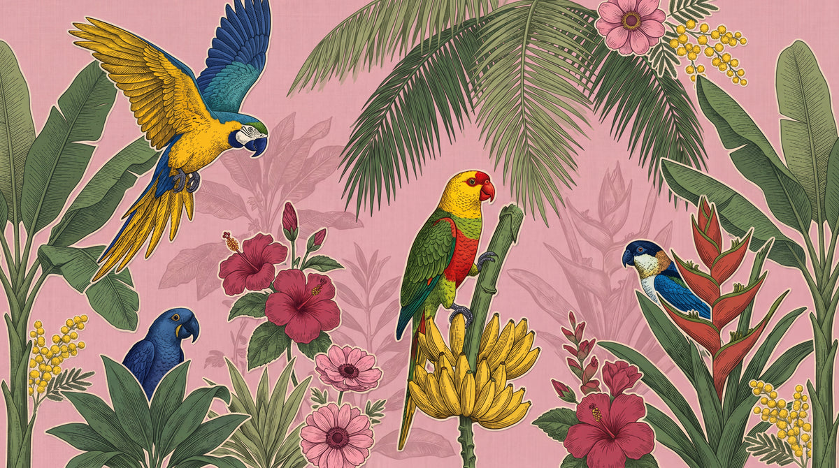 Mango Chorus Pink Tropical Wallpaper - Botanical Greenery Animal Leaf Wall Mural Peel and Stick - Design