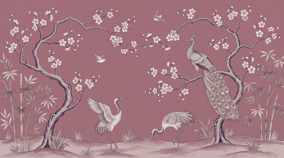 Mauve Orient Pink Chinoiserie Wallpaper - Peacock Feather Botanical Japanese Wall Mural - Design