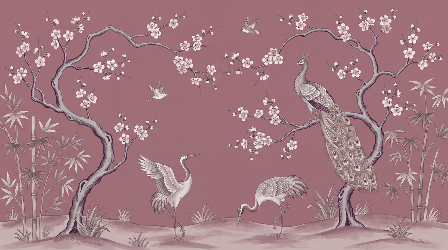 Mauve Orient Pink Chinoiserie Wallpaper - Peacock Feather Botanical Japanese Wall Mural - Design