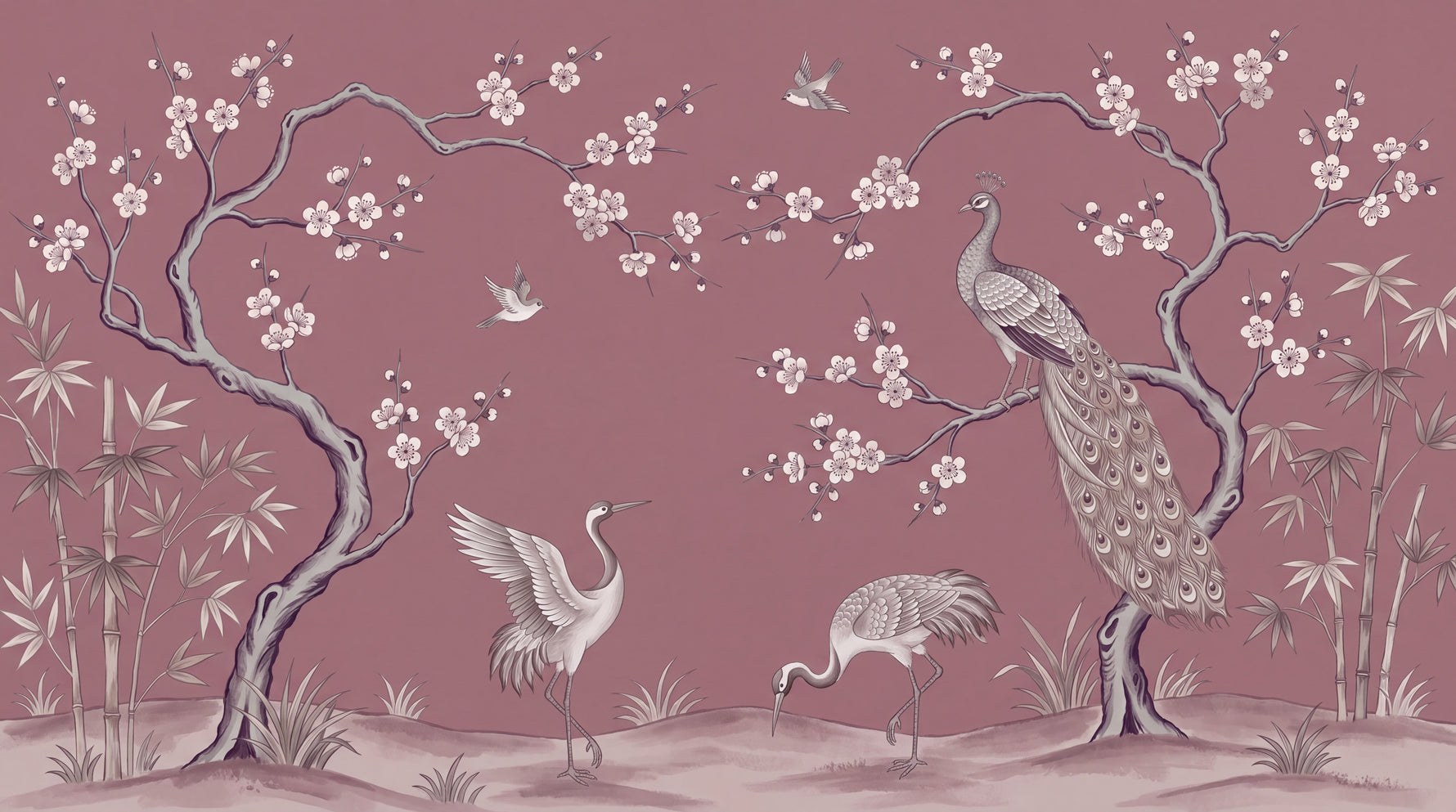 Mauve Orient Pink Chinoiserie Wallpaper - Peacock Feather Botanical Japanese Wall Mural - Design