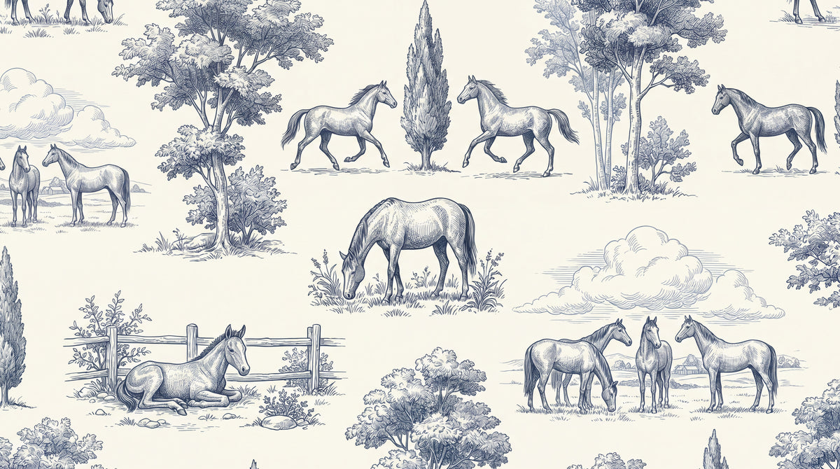 Meadow Canter Blue Horse Wallpaper - Navy Blue Vintage Animal Victorian Peel and Stick Mural - Design