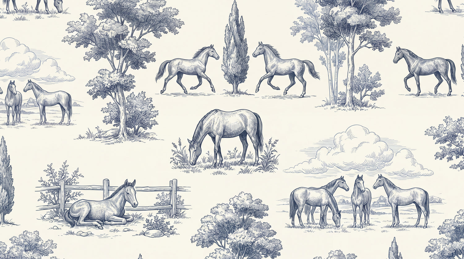 Meadow Canter Blue Horse Wallpaper - Navy Blue Vintage Animal Victorian Peel and Stick Mural - Design