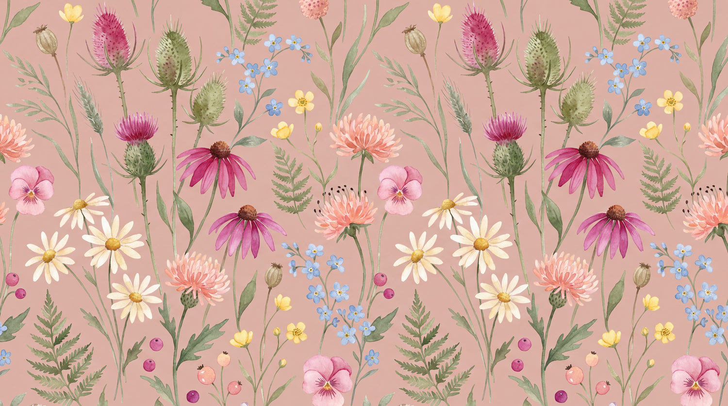 Meadow Whisper Coral - Pink Flower Wallpaper - Pink Floral Daisy Vintage Aesthetic Peel and Stick Wall Mural - Design