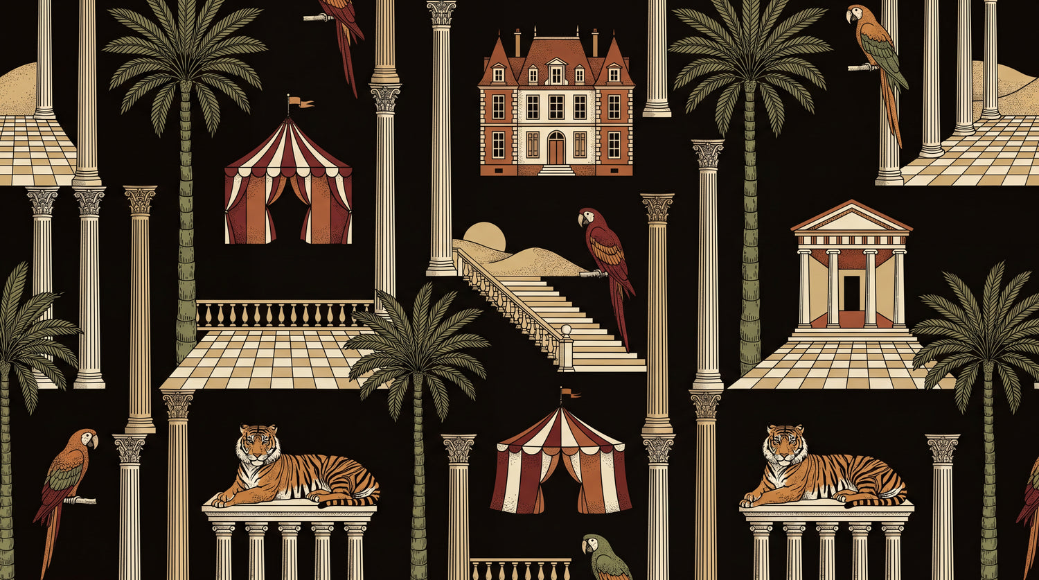Menagerie Colonnade Dark Art Deco Wallpaper - Vintage Victorian Damask Peel and Stick Wall Mural - Design