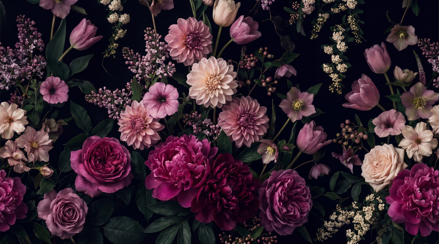 Midnight Blooming Pink Rose Wallpaper - Dark Floral Vintage Flower Peel and Stick Wall Mural - Design