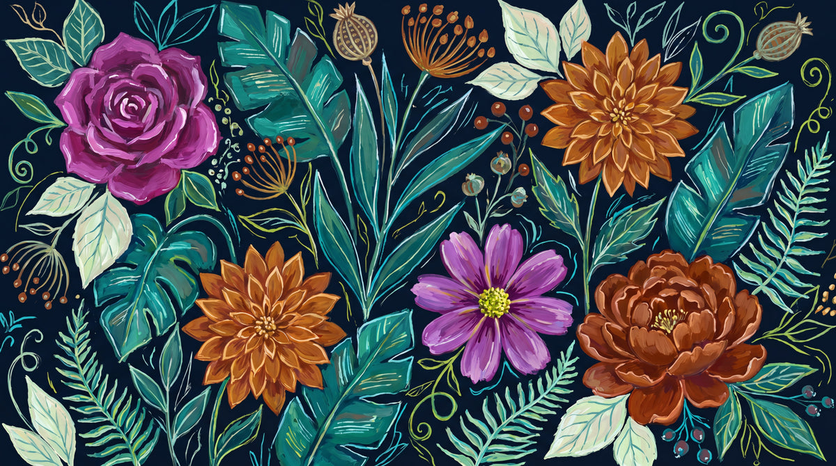 Midnight Botanica Dark Floral Wallpaper - Dark Rose Flower Peel and Stick Wall Mural - Design