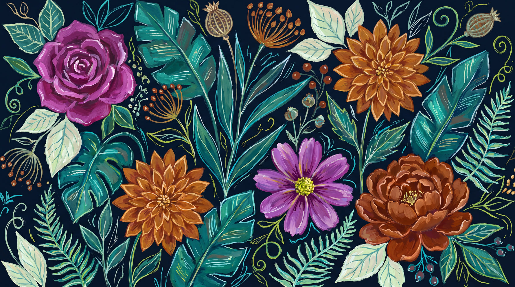 Midnight Botanica Dark Floral Wallpaper - Dark Rose Flower Peel and Stick Wall Mural - Design