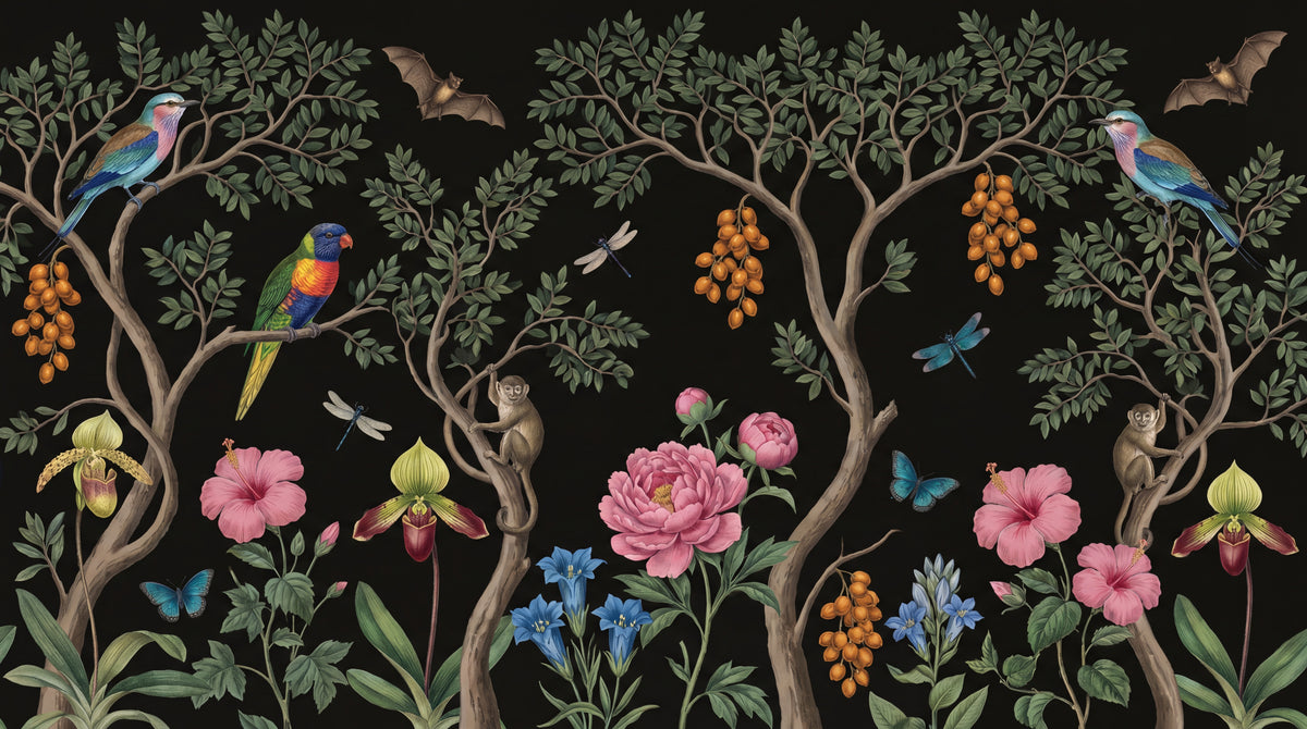 Midnight Menagerie Dark Chinoiserie Wallpaper - Botanical Greenery Leaf Wall Mural Peel and Stick - Design