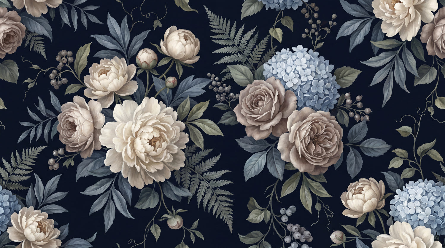 Midnight Reverie Dark Floral Wallpaper - Dark Blue Vintage Rose Flower Peel and Stick Wall Mural - Design