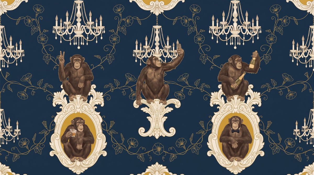 Mischief Soirée Blue Monkey Wallpaper - Navy Blue Damask Animal Wall Mural Peel and Stick - Design