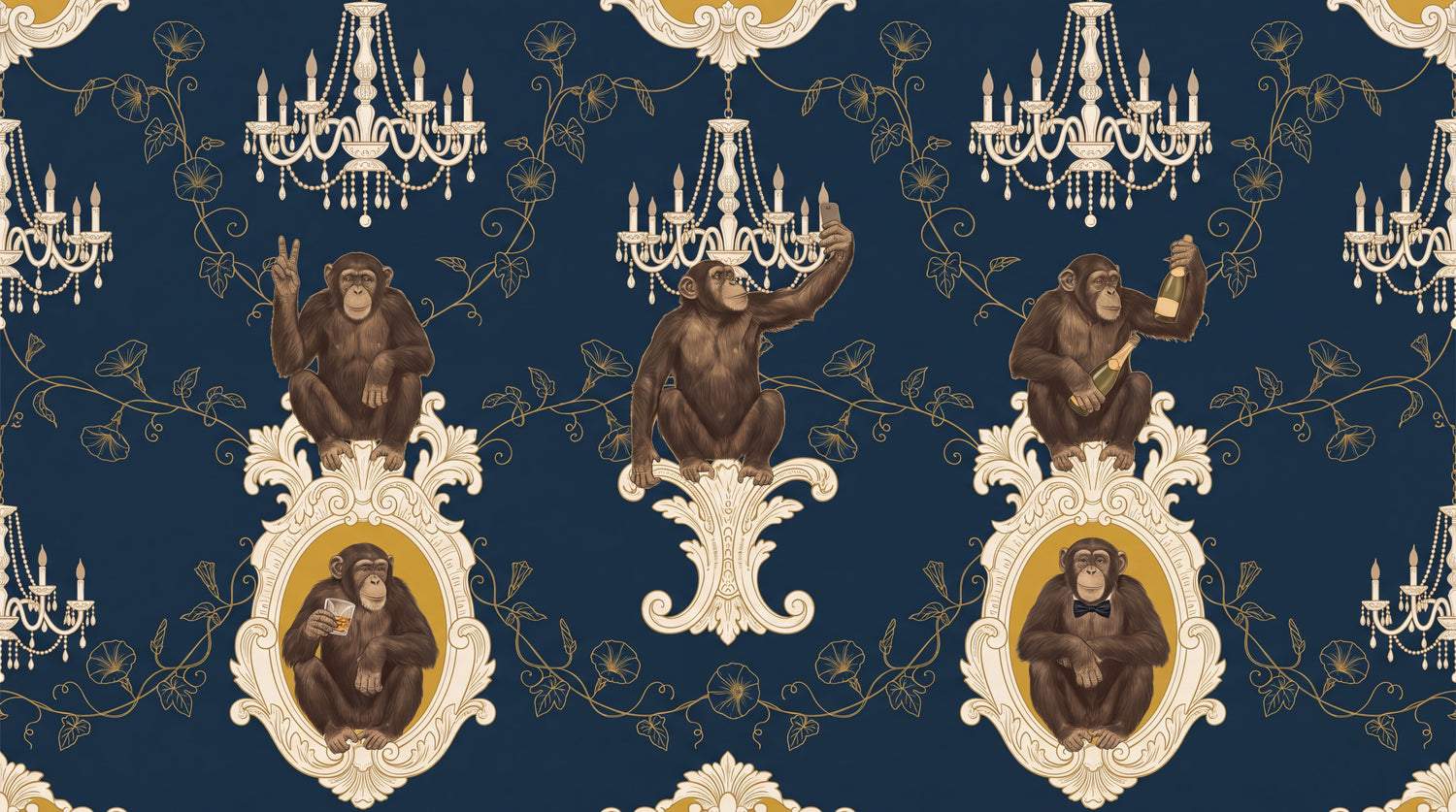Mischief Soirée Blue Monkey Wallpaper - Navy Blue Damask Animal Wall Mural Peel and Stick - Design