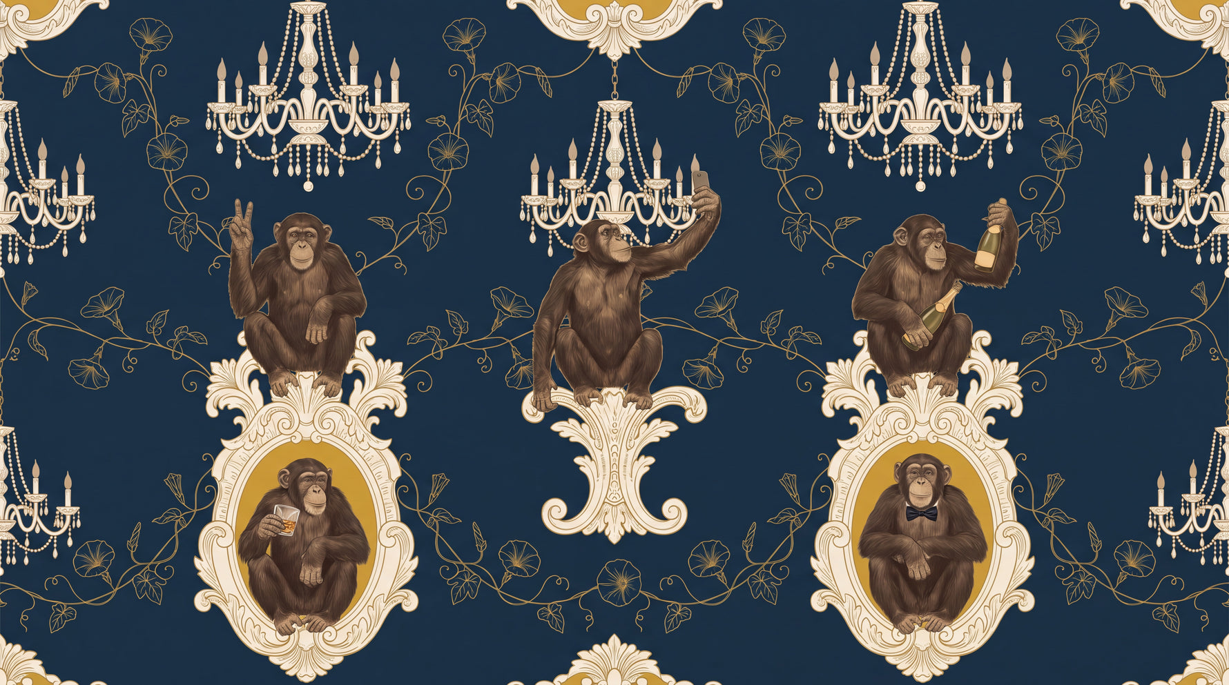 Mischief Soirée Blue Monkey Wallpaper - Navy Blue Damask Animal Wall Mural Peel and Stick - Design