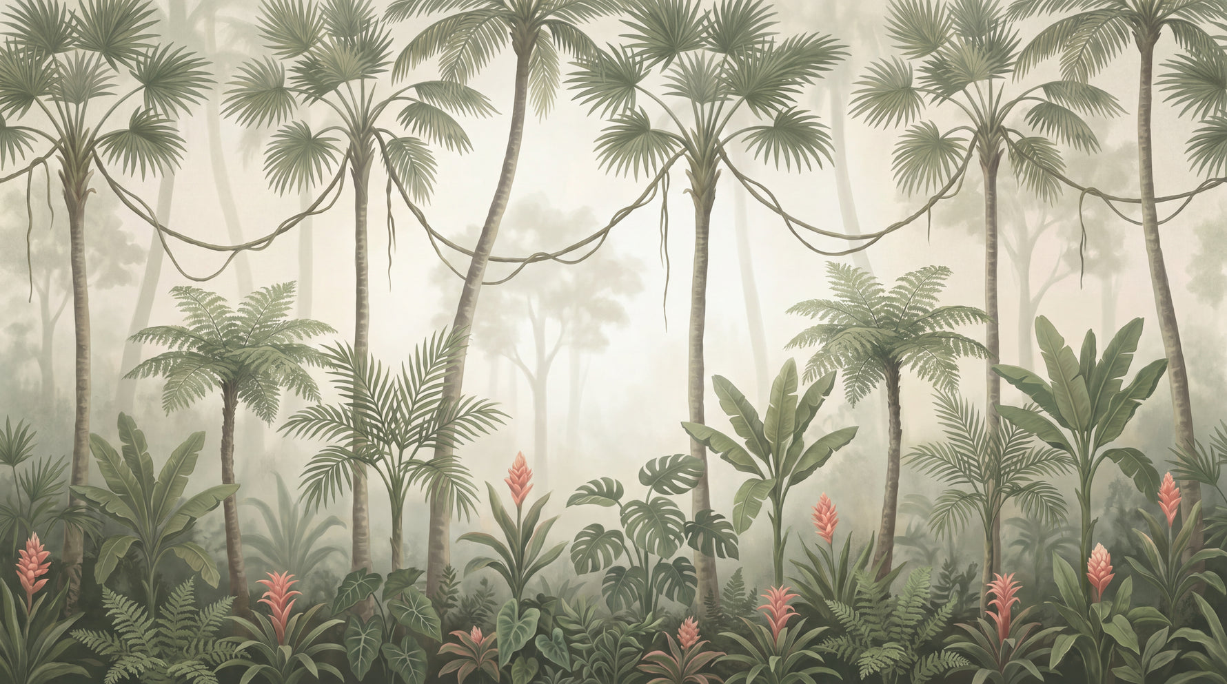 Misted Palms - Green Jungle Wallpaper - Tropical Palm Tree Botanical Greenery Leaf Wall Mural - Design