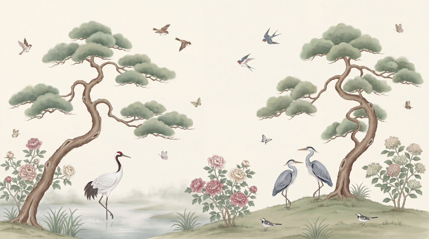Misted Pines Green Chinoiserie Wallpaper - Sage Japanese Wall Mural Peel and Stick - Design