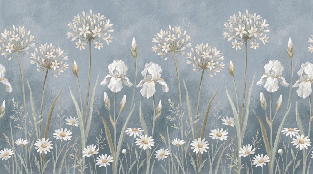 Mistwoven Meadow Blue Floral Wallpaper - Light Blue and White Flower Daisy Wall Mural - Design