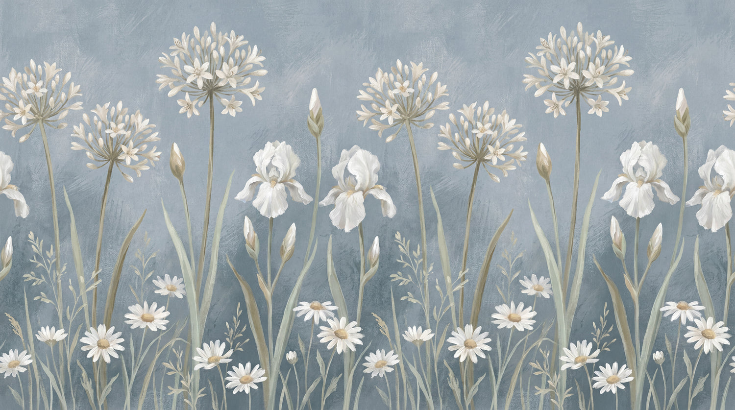 Mistwoven Meadow Blue Floral Wallpaper - Light Blue and White Flower Daisy Wall Mural - Design