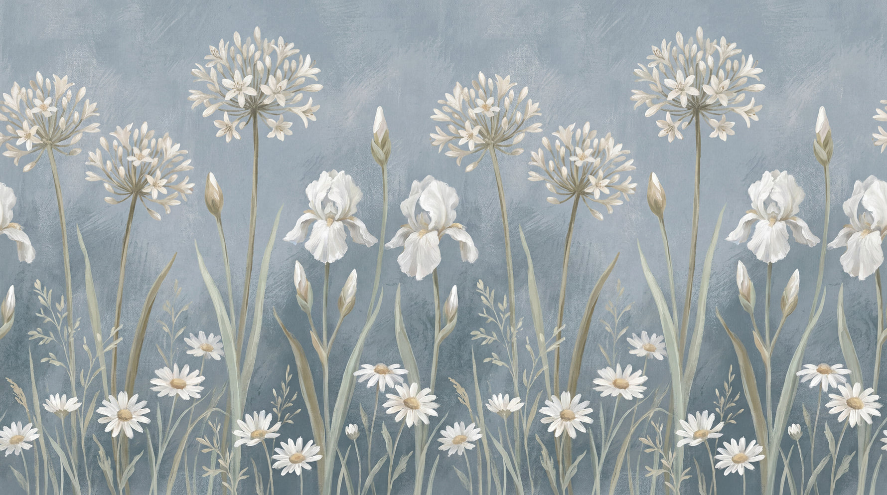 Mistwoven Meadow Blue Floral Wallpaper - Light Blue and White Flower Daisy Wall Mural - Design