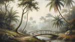 Misty Footbridge - Green Forest Wallpaper - Green Woodland Wallpaper Wall Mural - Design