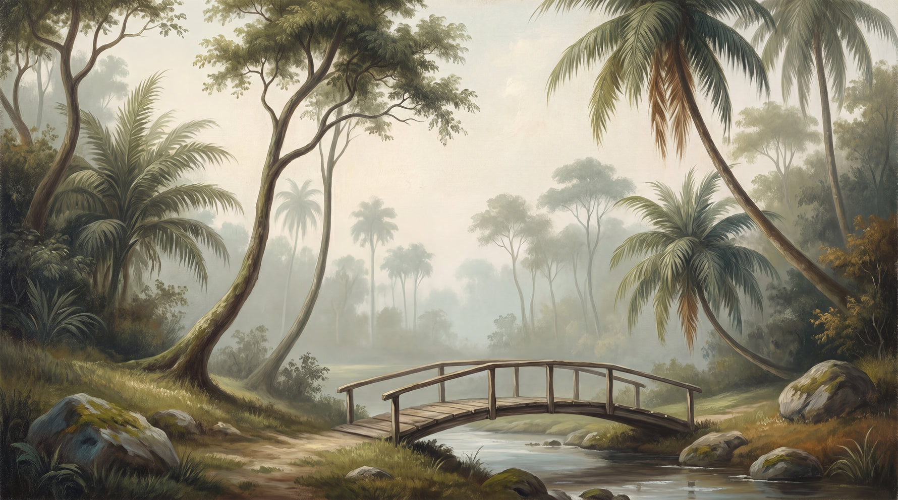 Misty Footbridge - Green Forest Wallpaper - Green Woodland Wallpaper Wall Mural - Design