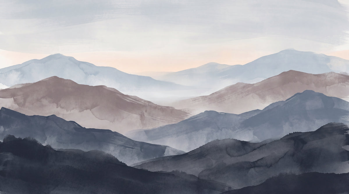 Misty Horizons Blue Mountain Wallpaper - Watercolor Landscape Scenery Rocky Peel and Stick Wall Mural - Design