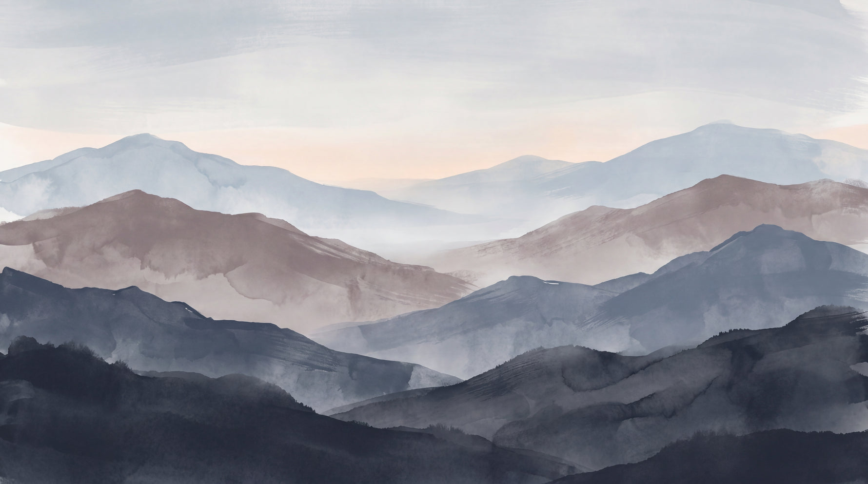 Misty Horizons Blue Mountain Wallpaper - Watercolor Landscape Scenery Rocky Peel and Stick Wall Mural - Design