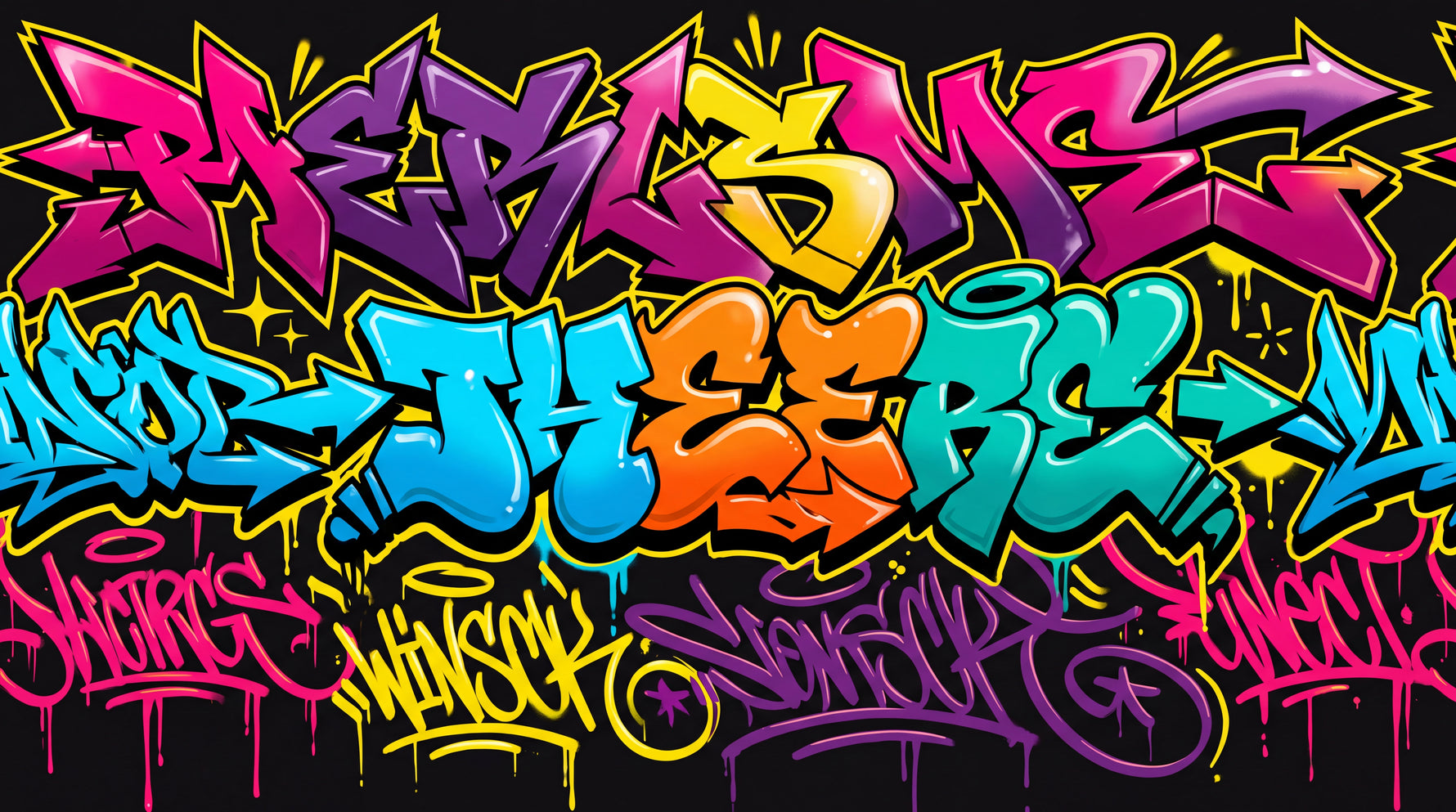 Molten Tag - Purple Graffiti Wallpaper - Bold Black Maximalist Street Art Peel and Stick - Design