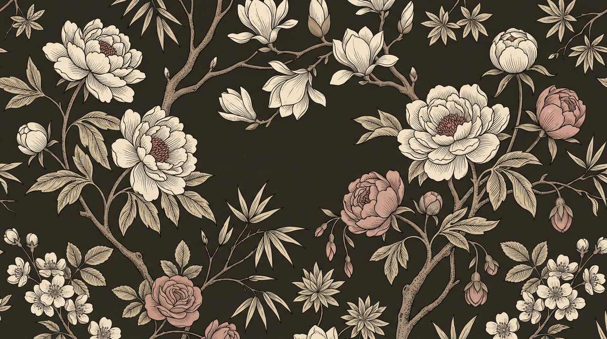 Mooncast Chinoiserie Dark Floral Wallpaper - Vintage Magnolia Rose Japanese Peel and Stick Wall Mural - Design