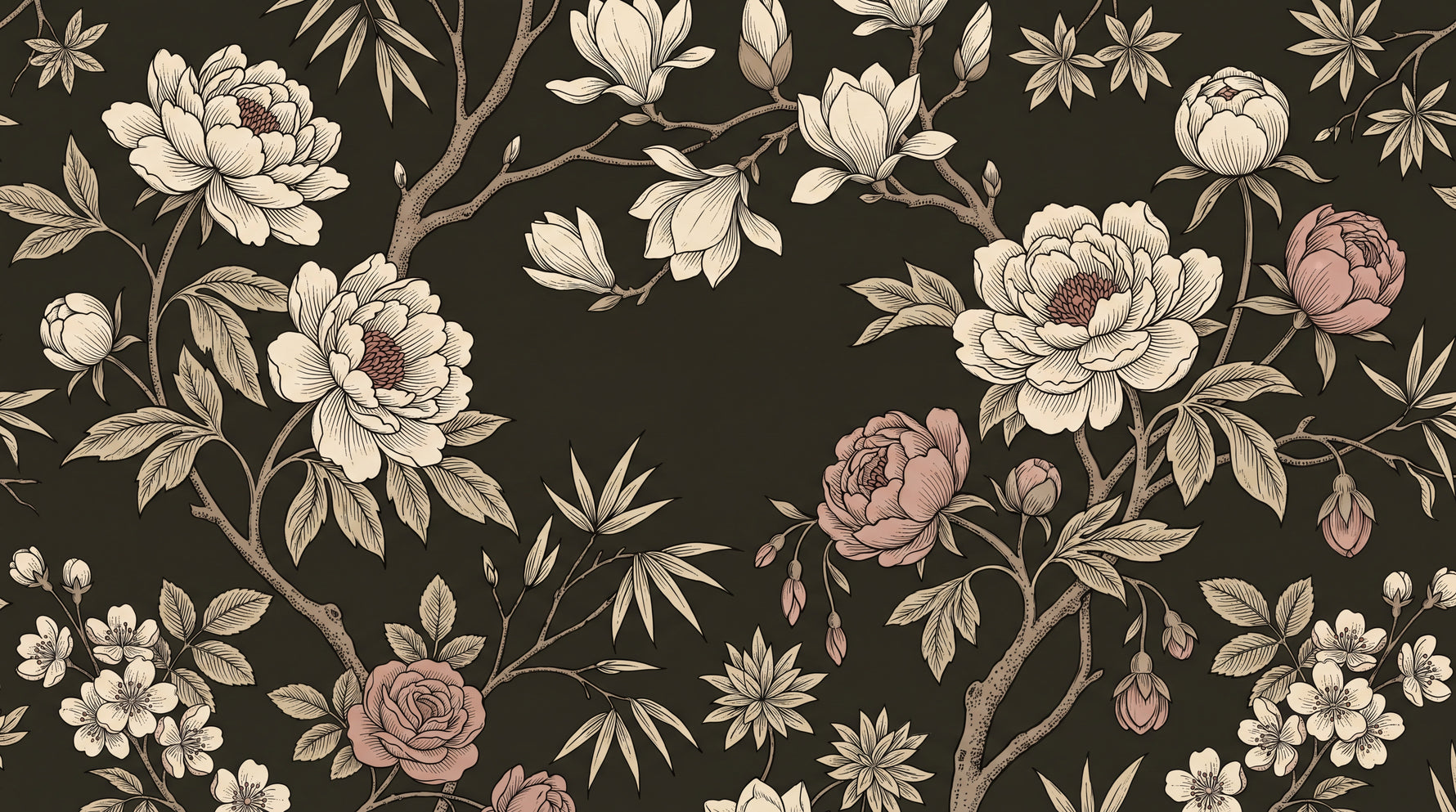 Mooncast Chinoiserie Dark Floral Wallpaper - Vintage Magnolia Rose Japanese Peel and Stick Wall Mural - Design