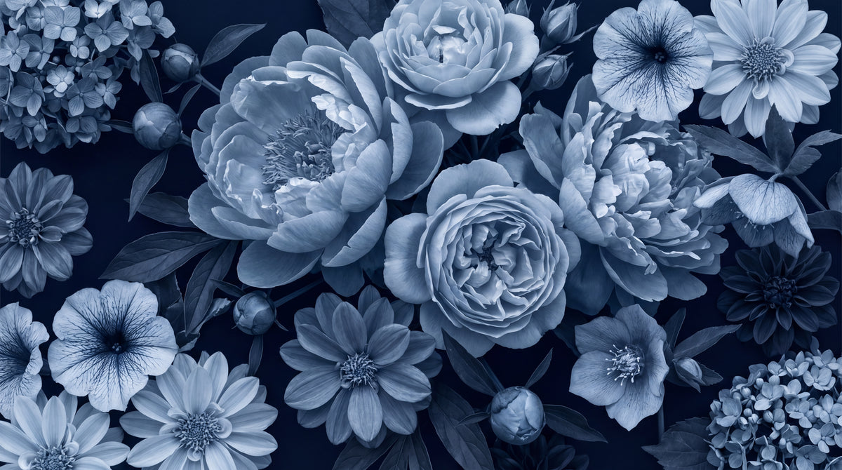 Moonlace Botanica Blue Floral Wallpaper - Dark Blue Vintage Rose Wall Mural Peel and Stick - Design