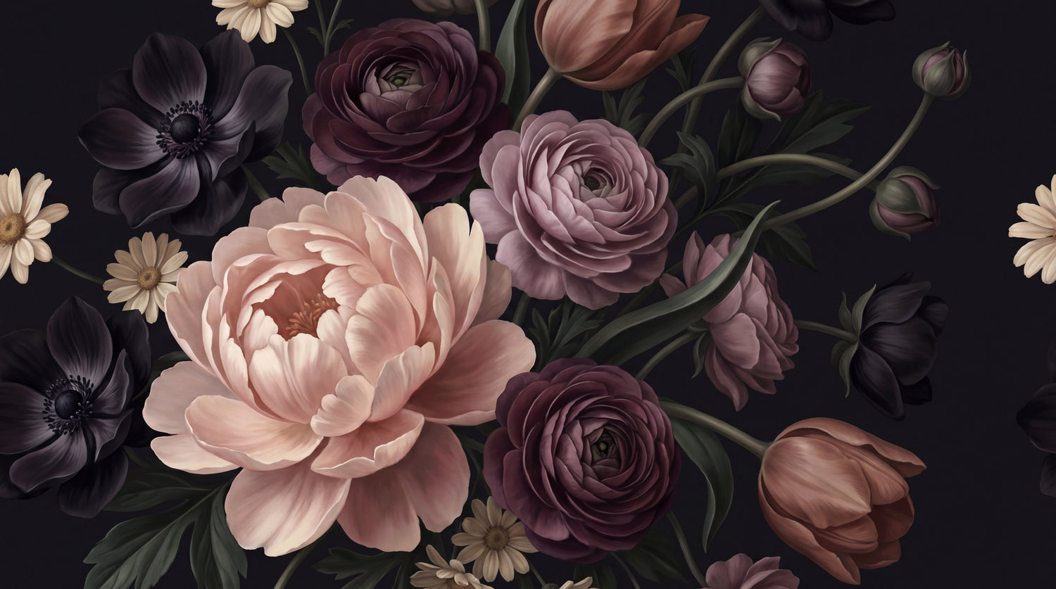 Moonlit Bouquet Dark Floral Wallpaper - Vintage Flower Wall Mural Pink Romantic Peel and Stick - Design