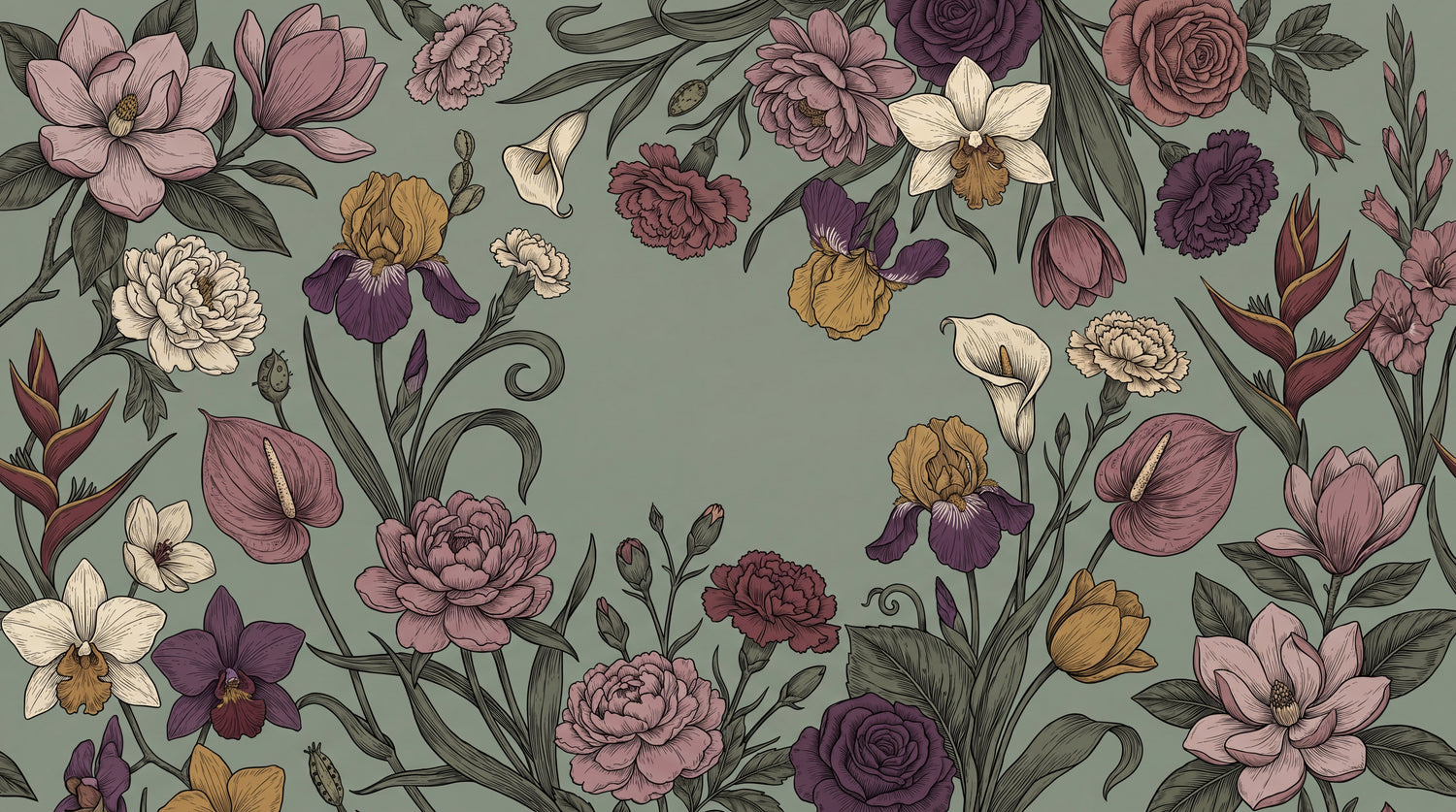 Moonlit Conservatory Green Vintage Floral Wallpaper - Sage Botanical Magnolia Victorian Peel and Stick - Design