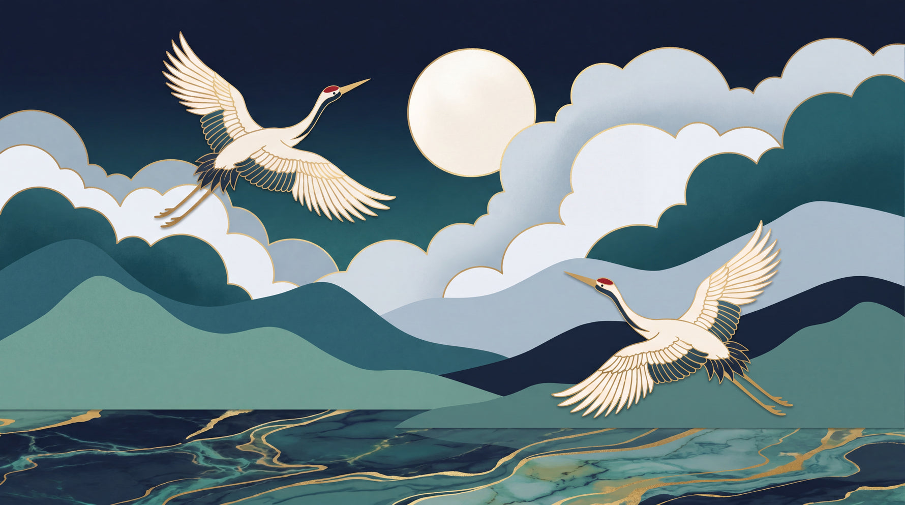 Moonlit Wingbeat Blue Japanese Wallpaper - Moon Landscape Scenery Animal Wall Mural Peel and Stick - Design