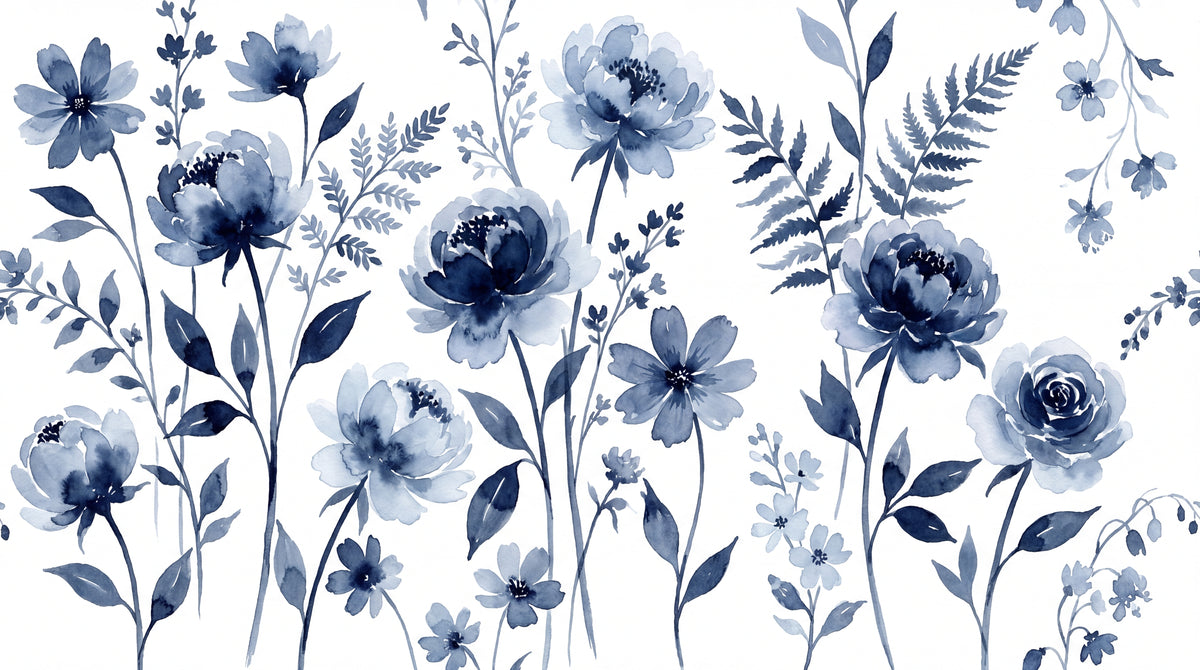 Nightbloom Sonata Blue Floral Wallpaper - Navy Blue and White Rose Peel and Stick Wall Mural - Design