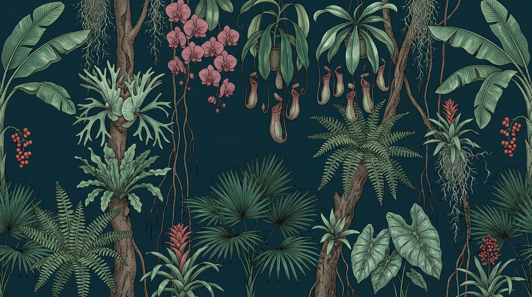 Nightfall Conservatory Green Jungle Wallpaper - Dark Tropical Botanical Leaf Greenery Peel and Stick Mural - Design